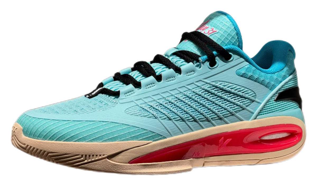 Turquoise low-top basketball shoe front-quarter view with red midsole