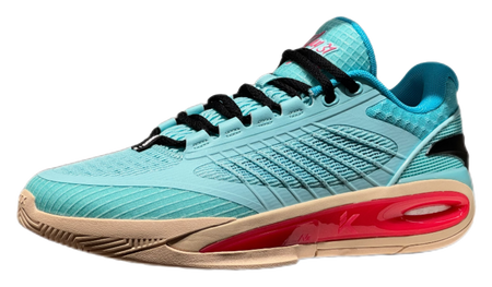 Turquoise low-top basketball shoe front-quarter view with red midsole
