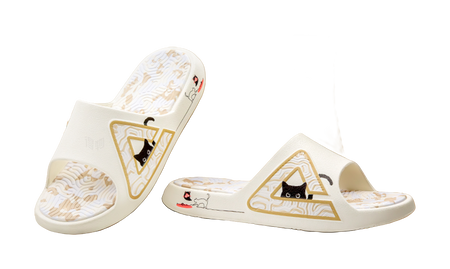 White unisex slide sandal showing triangular cat emblem on the upper
