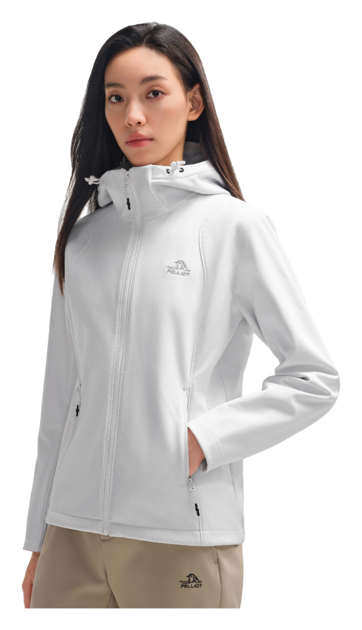 Women's soft shell jacket in white with hood and full zip, side front view