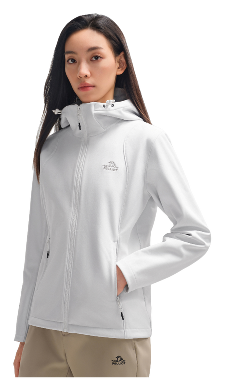 Women's soft shell jacket in white with hood and full zip, side front view