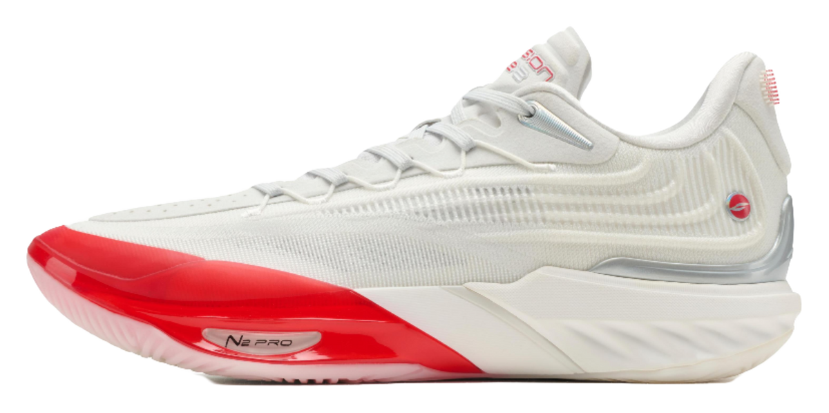 Unisex basketball shoe, white upper with red outsole and trim