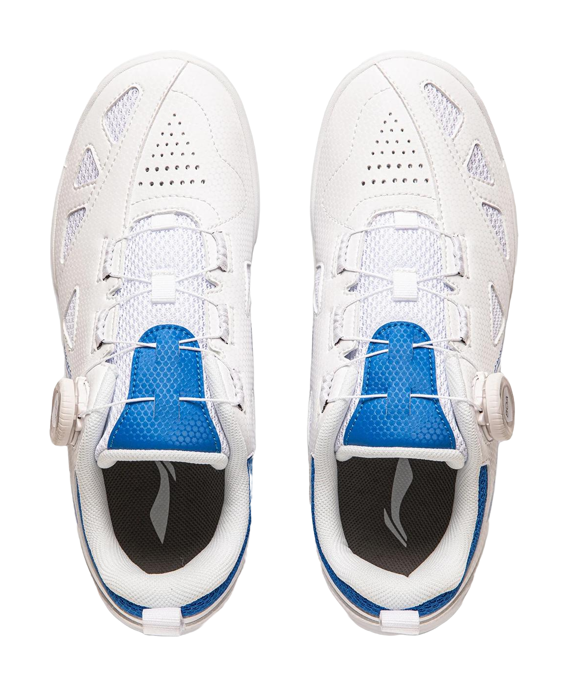 White table tennis shoe toe view with blue inner lining, lace-up, and perforation details.