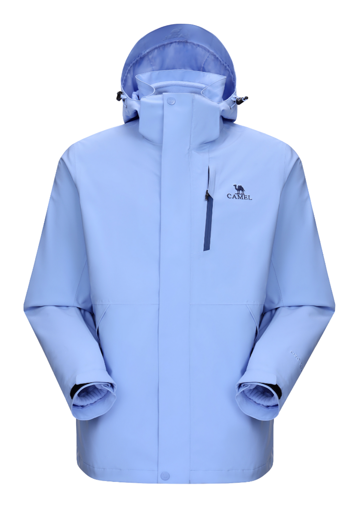 Pale blue hooded waterproof jacket with full-zip and drawcord hood; chest logo.