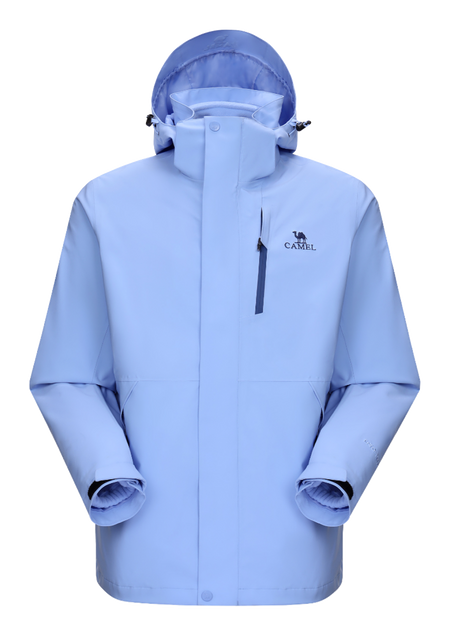 Pale blue hooded waterproof jacket with full-zip and drawcord hood; chest logo.