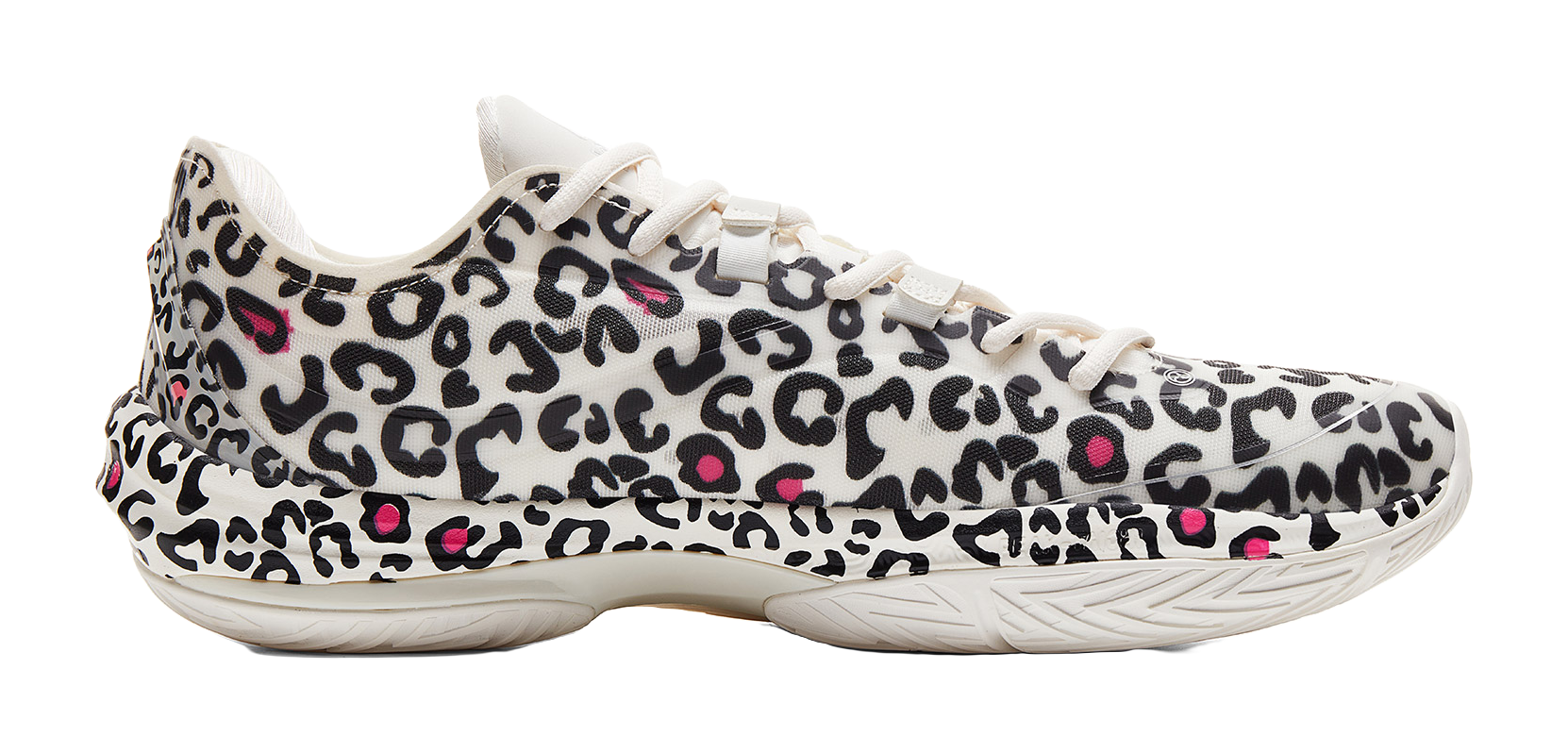 Lightweight basketball shoe, white with black leopard pattern and pink spots, side view