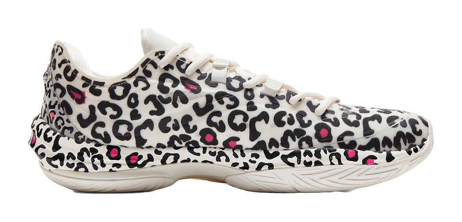 Lightweight basketball shoe, white with black leopard pattern and pink spots, side view