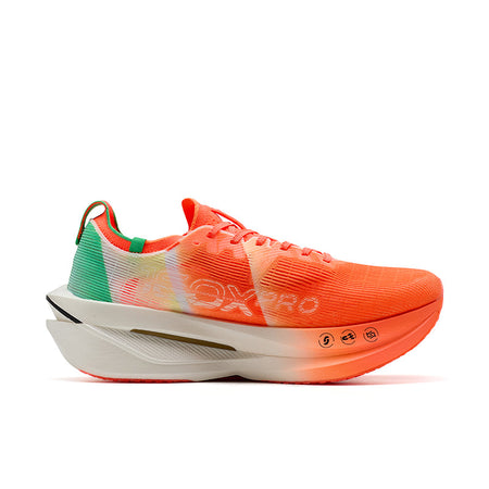 Marathon racing shoe in orange-red with green collar and white midsole with stripe detail