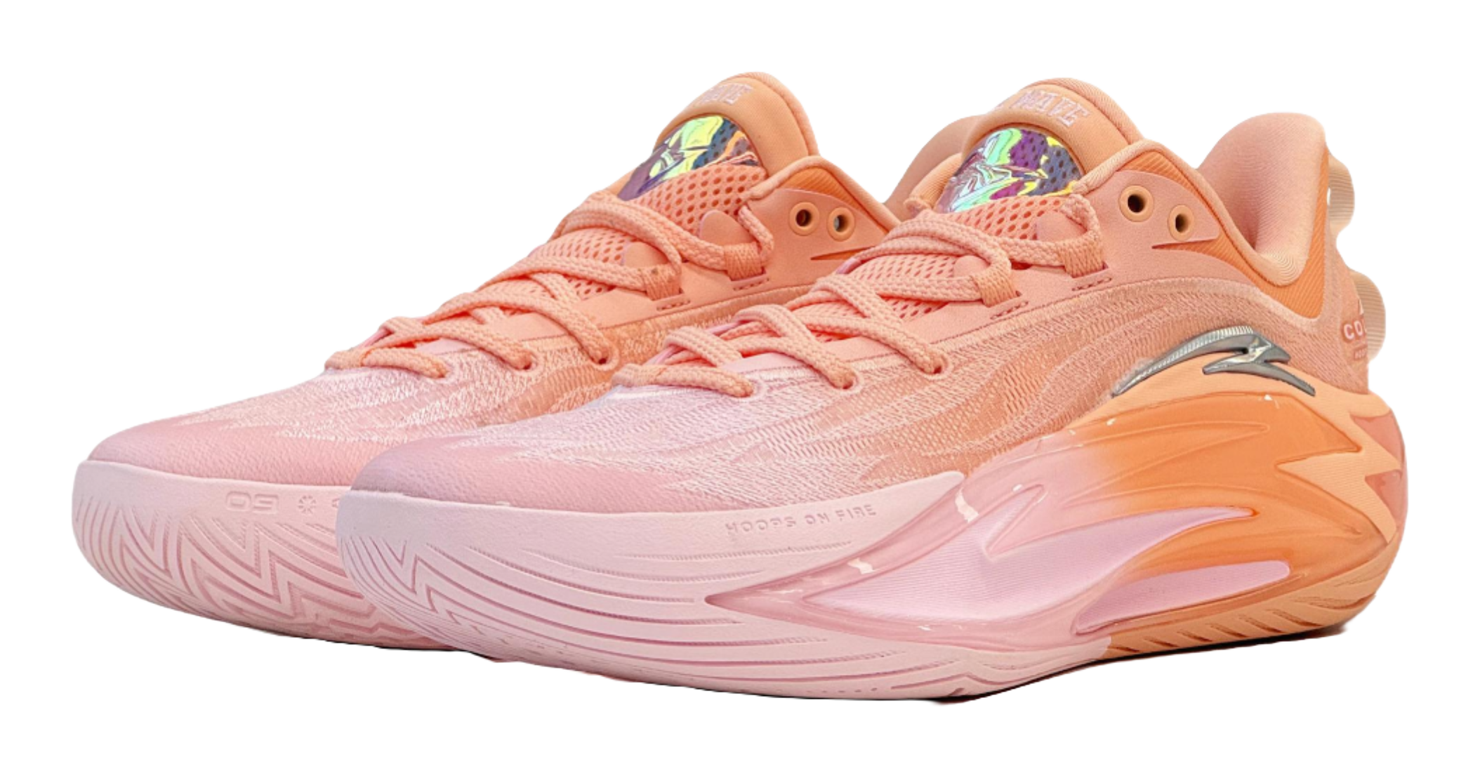 Light pink and orange basketball shoe with lace-up mesh upper and curved sole