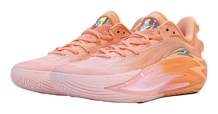 Light pink and orange basketball shoe with lace-up mesh upper and curved sole