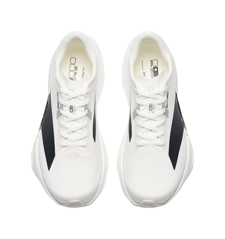 Men's low-top running shoes, white with black heel stripe; lace-up front and padded collar