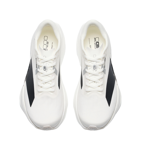 Men's low-top running shoes, white with black heel stripe; lace-up front and padded collar