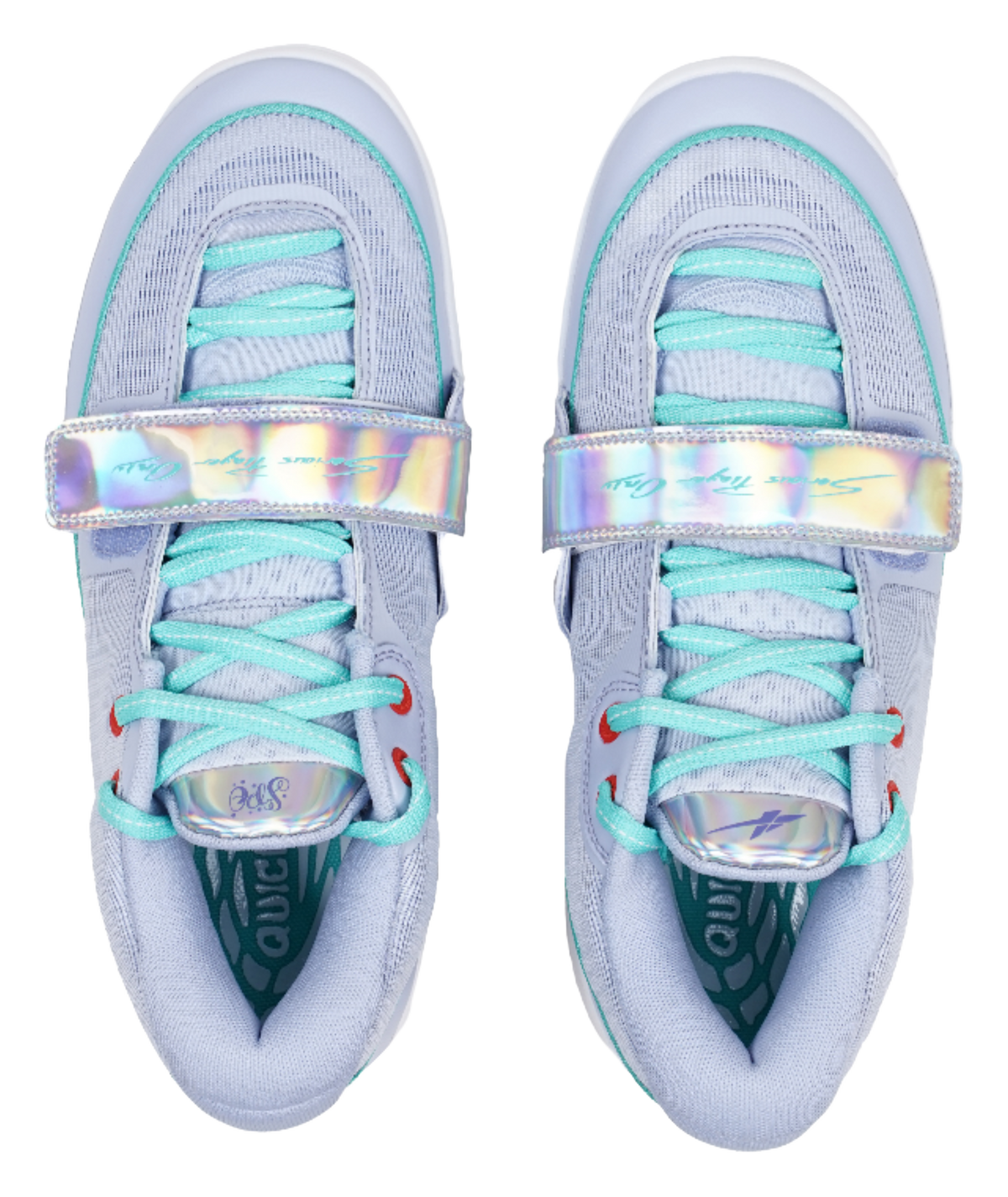 Light blue sneakers with teal lace-up front, rainbow strap, and cushioned tongue