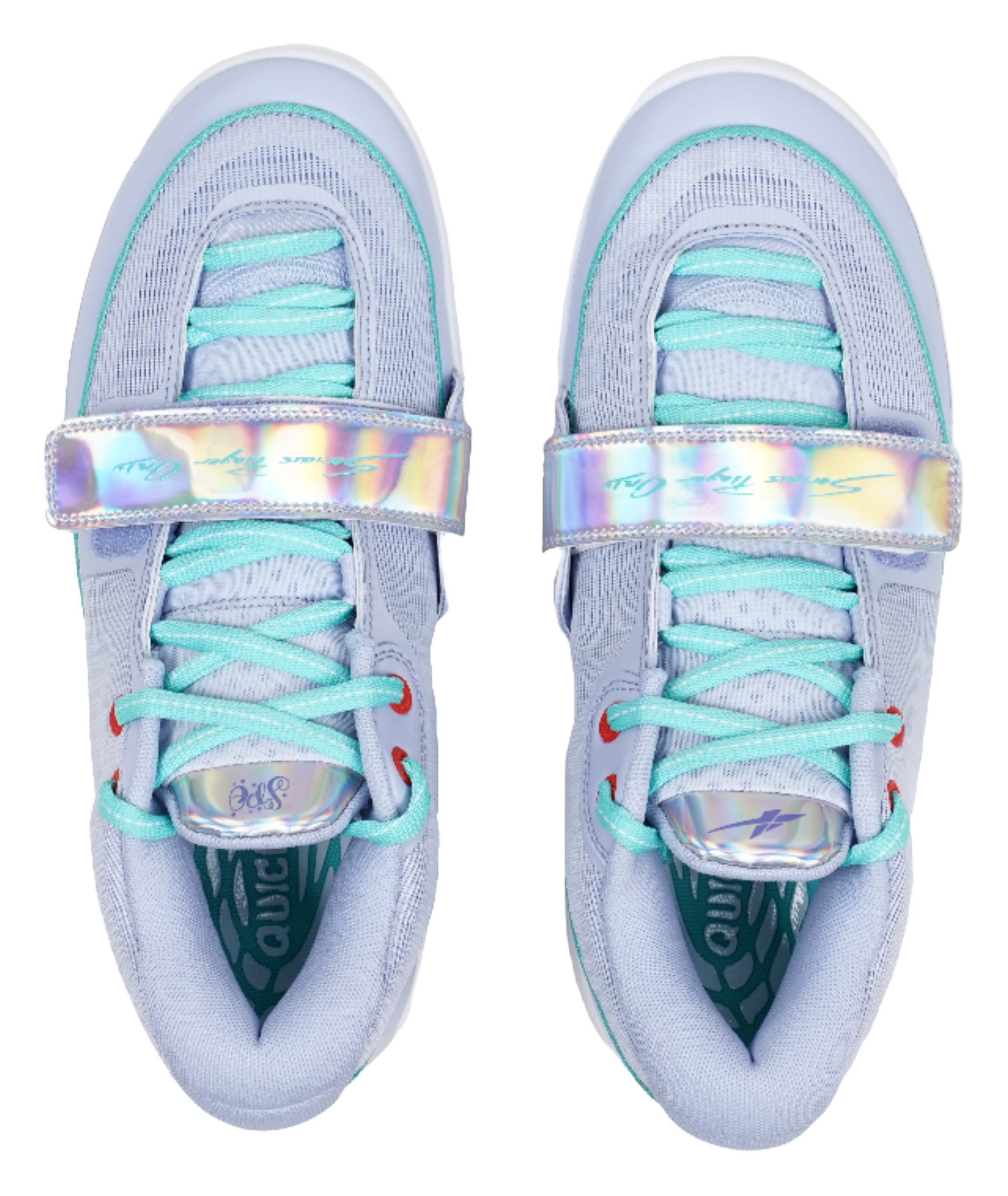 Light blue sneakers with teal lace-up front, rainbow strap, and cushioned tongue