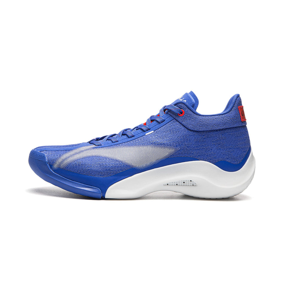 Blue basketball shoes with mesh upper, lace-up front, and white midsole