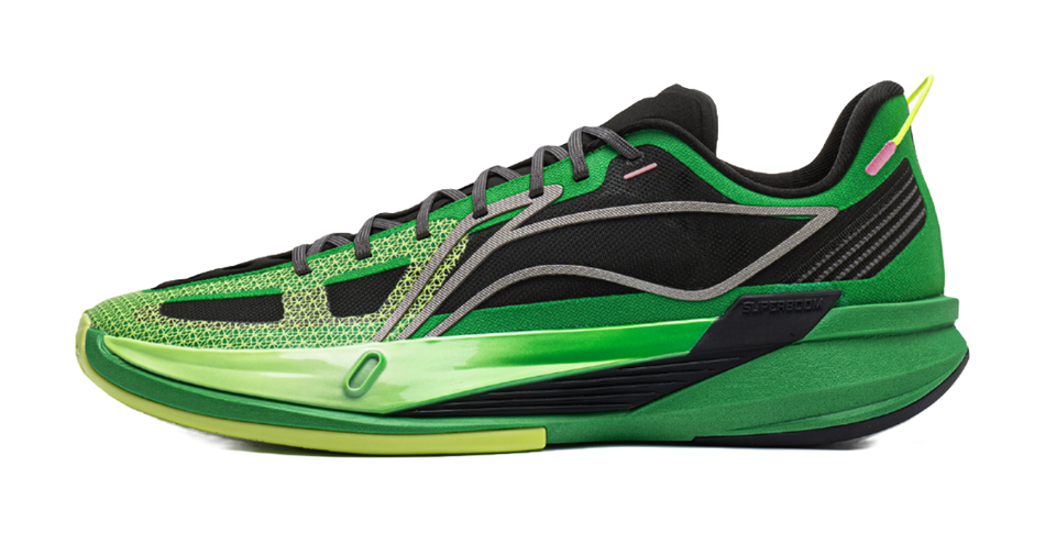 Green and black basketball shoe with neon laces, low profile, guard style sole.