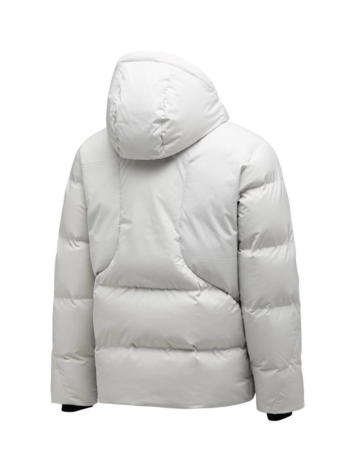 Men's hooded down jacket, light white quilted puffer with full-zip and fixed hood