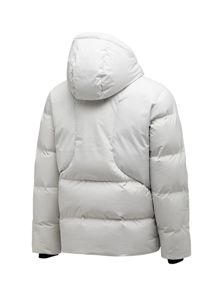 Men's hooded down jacket, light white quilted puffer with full-zip and fixed hood
