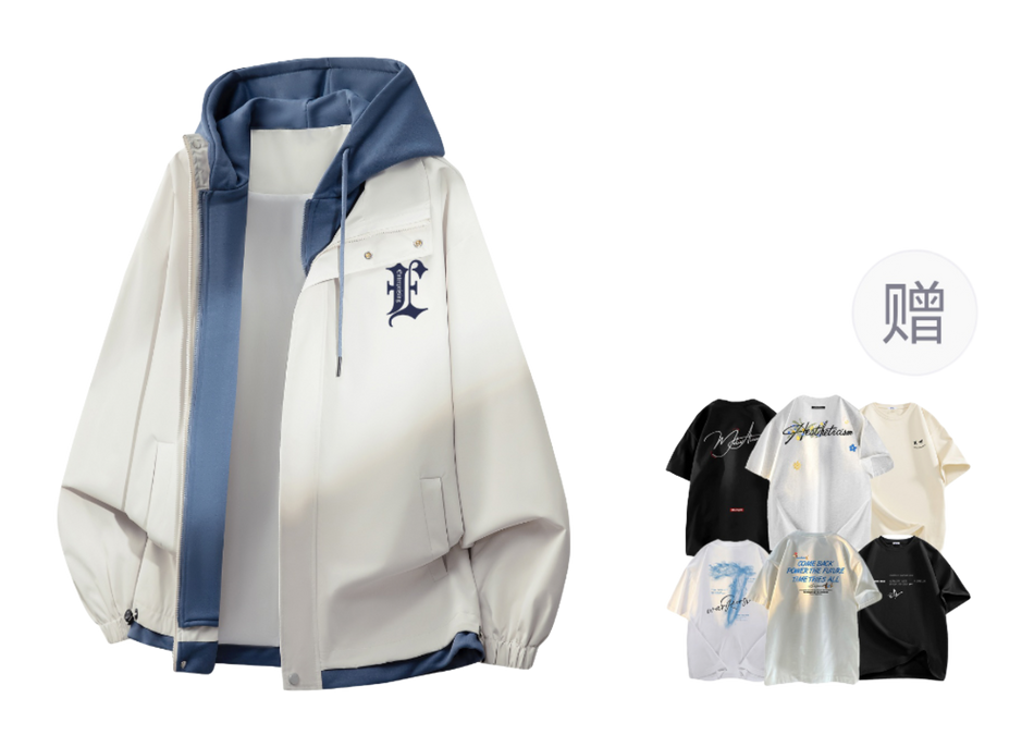 Warrior retro American solid color fake two-piece splicing contrasting loose and versatile hooded pilot with thick cotton lining, graphene heat storage insulation, warm work clothes, cotton jacket jacket, unisex  VJSNEAKER