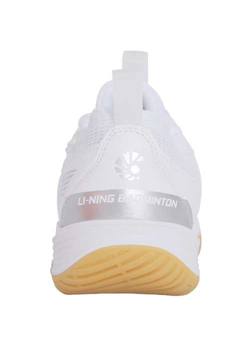 Li-Ning badminton shoe heel, white back with LI-NING BADMINTON logo and gum outsole