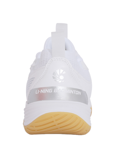Li-Ning badminton shoe heel, white back with LI-NING BADMINTON logo and gum outsole