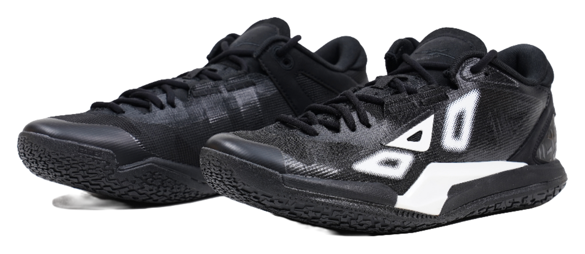 Low-top basketball shoes, black with white side logo and textured rubber outsole