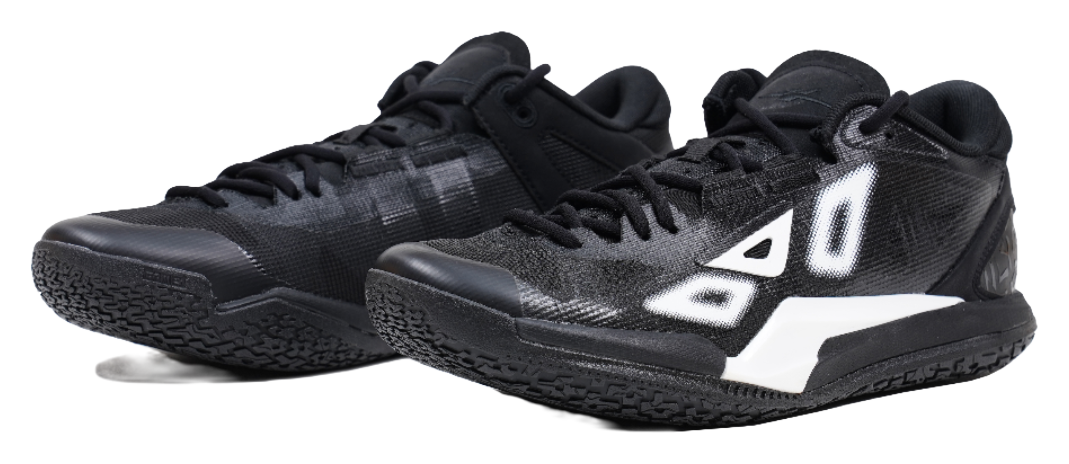 Low-top basketball shoes, black with white side logo and textured rubber outsole