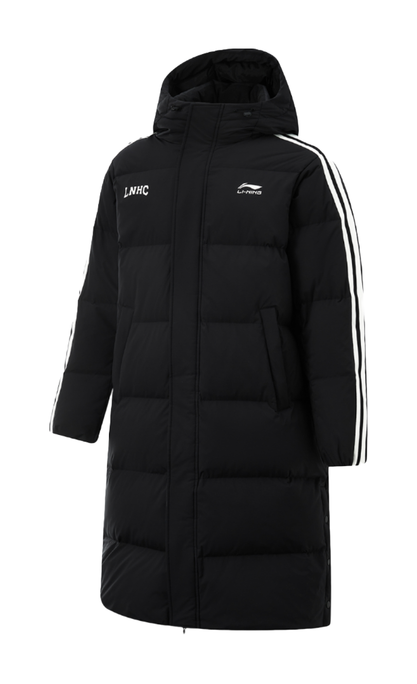 Men's black long hooded down jacket with front zipper and sleeve stripe accents