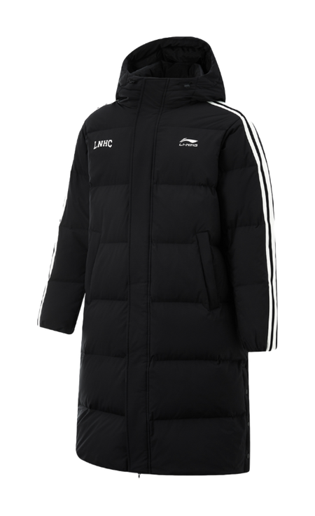 Men's black long hooded down jacket with front zipper and sleeve stripe accents