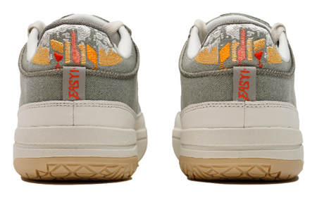 Unisex basketball shoes rear view with olive heel, white midsole, and gum outsole