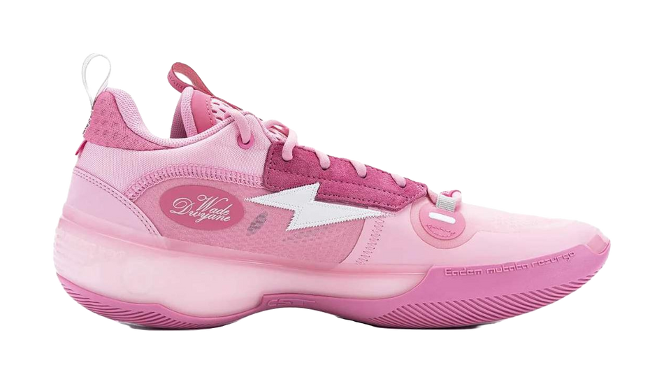 Pink low-top basketball shoe with white lightning stripe and lace-up
