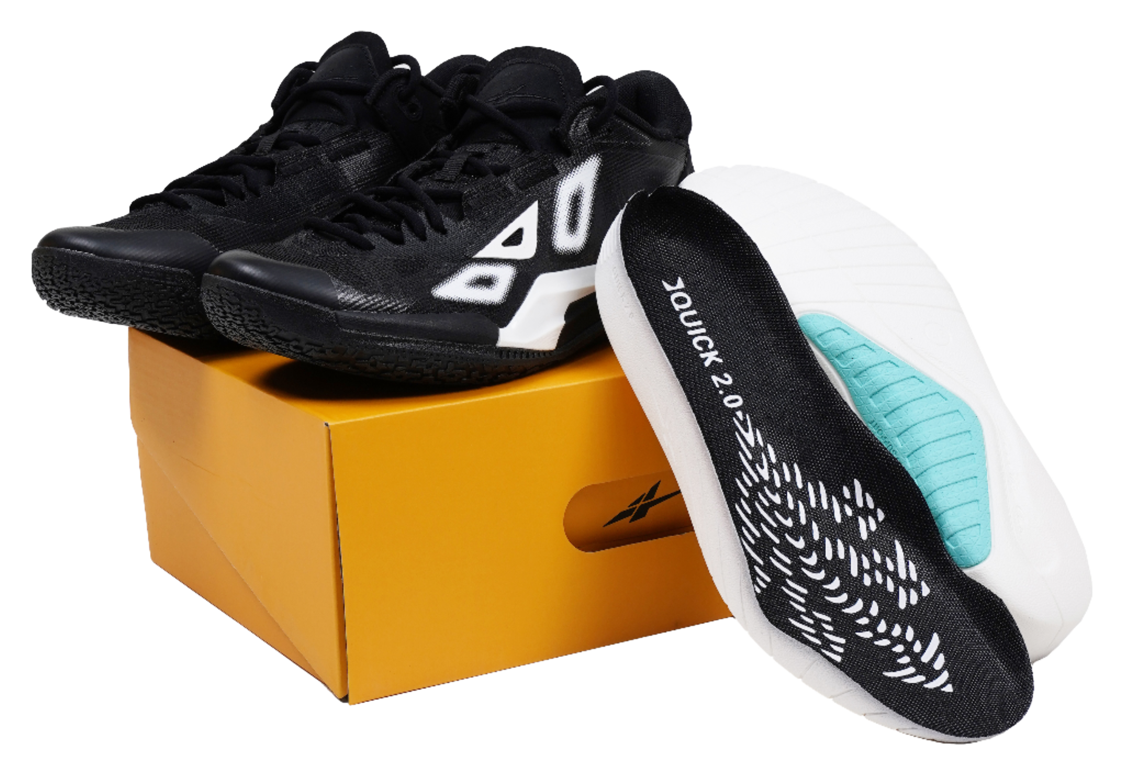 Low-top basketball shoes, black upper with white logo and blue-green insole