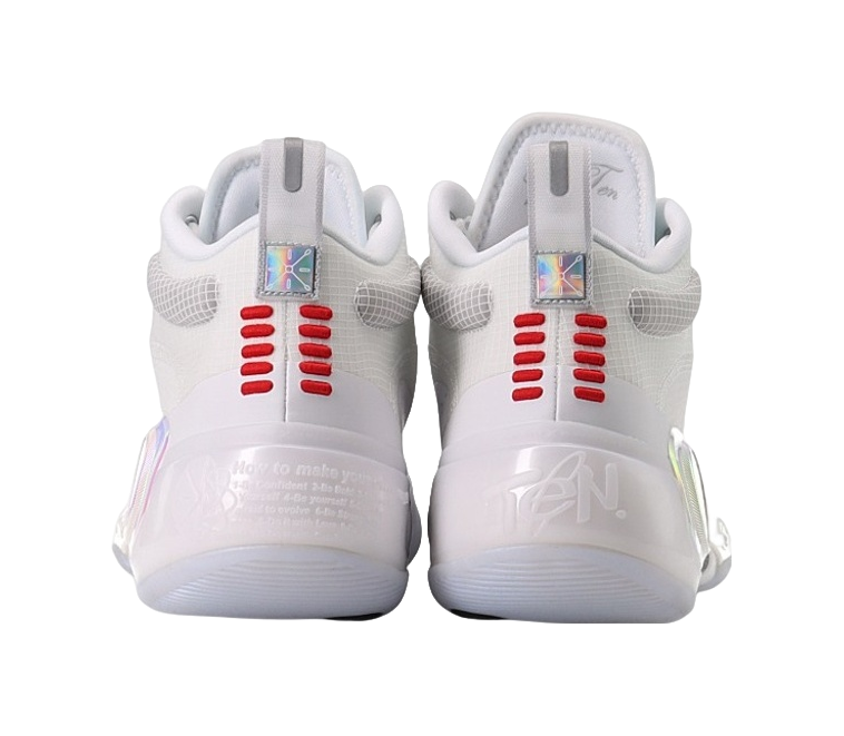 Pair of unisex mid-top shoes, white backs with red strap details and reflective heel tabs
