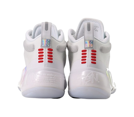 Pair of unisex mid-top shoes, white backs with red strap details and reflective heel tabs