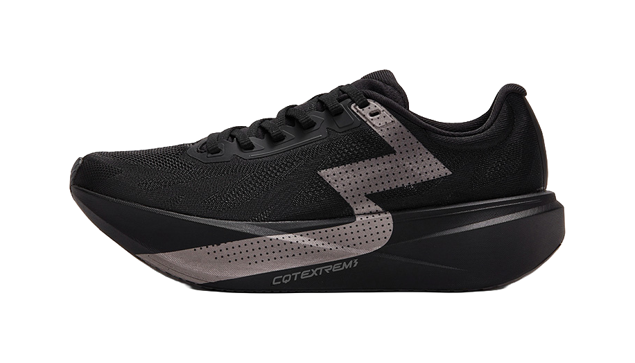 Black low running shoe with gray side panel and lace-up design