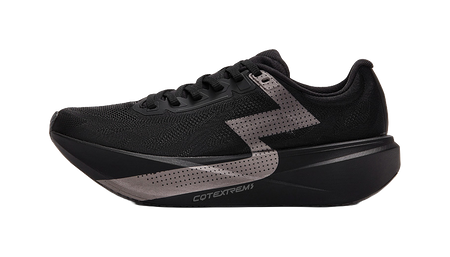 Black low running shoe with gray side panel and lace-up design