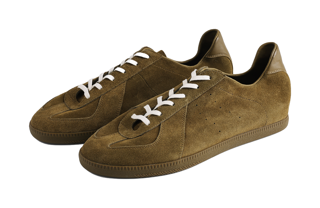 Pair of PANE dark green suede sneakers with white laces and low-profile sole
