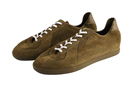 Pair of PANE dark green suede sneakers with white laces and low-profile sole