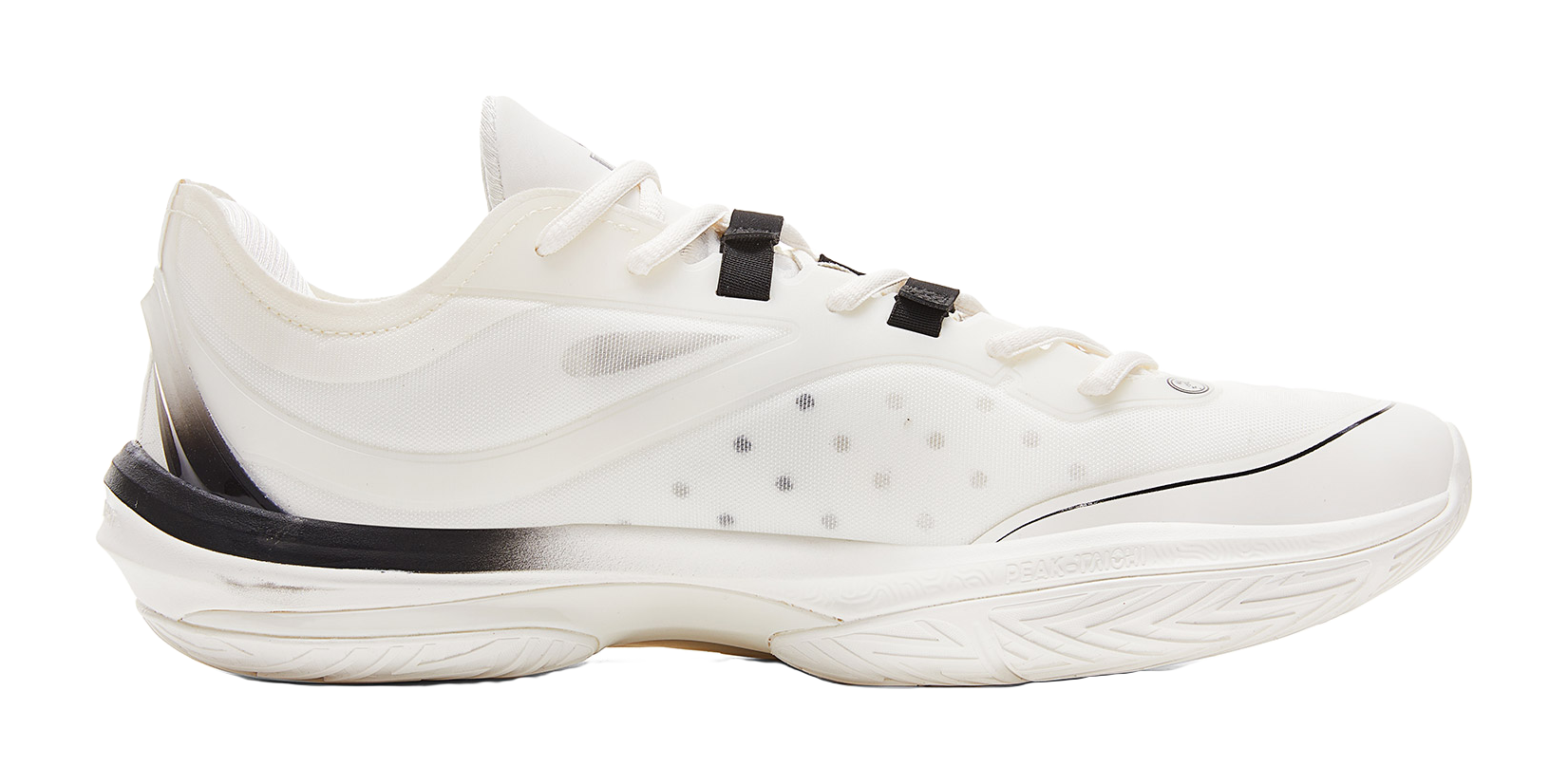 Lightweight basketball shoe, cream knit upper with black heel panel and white outsole