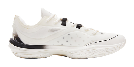 Lightweight basketball shoe, cream knit upper with black heel panel and white outsole