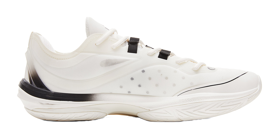 Lightweight basketball shoe, cream knit upper with black heel panel and white outsole