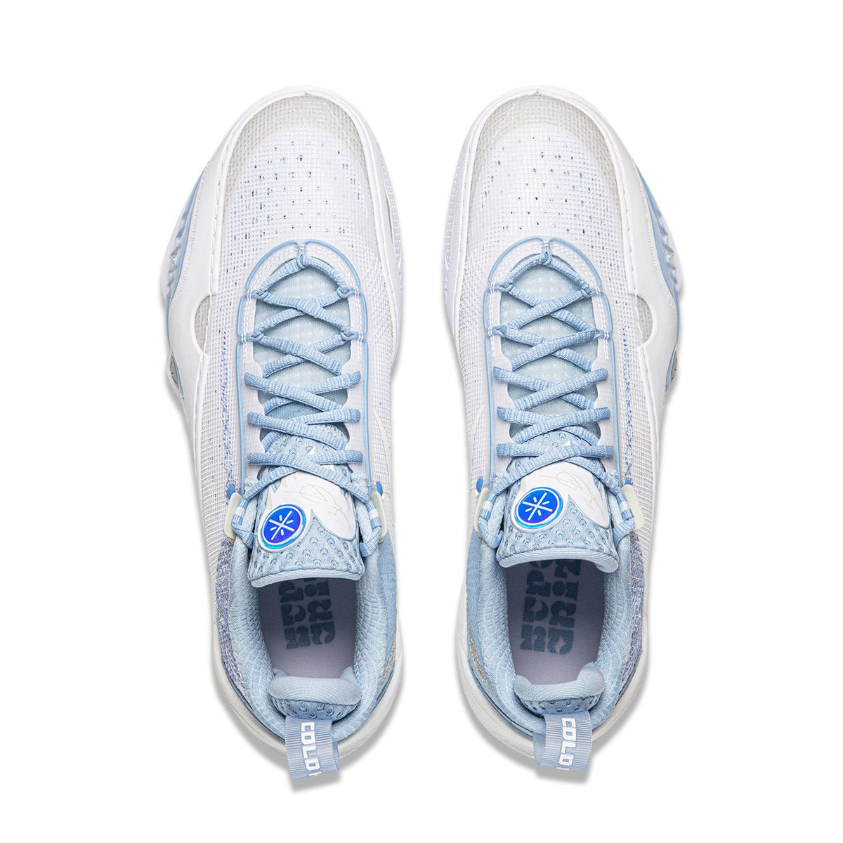 Pair of men’s basketball shoes, white mesh uppers with light blue lace-up detailing.