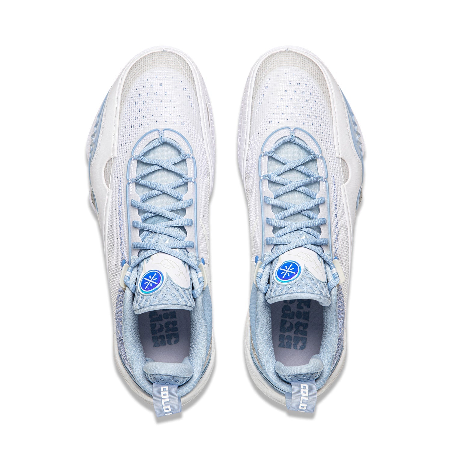 Pair of men’s basketball shoes, white mesh uppers with light blue lace-up detailing.