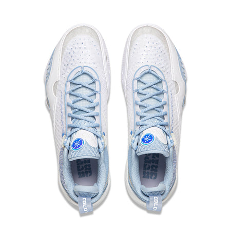 Pair of men’s basketball shoes, white mesh uppers with light blue lace-up detailing.