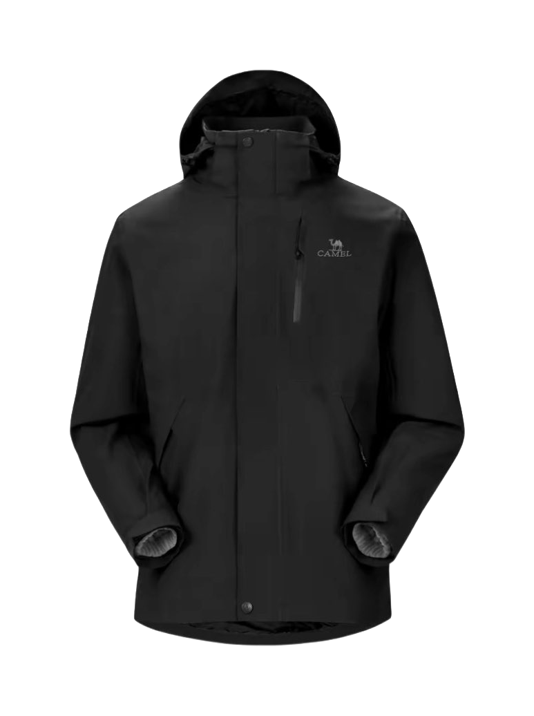 Black hooded waterproof jacket with zip front and drawcord hood; chest logo.