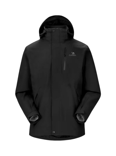 Black hooded waterproof jacket with zip front and drawcord hood; chest logo.