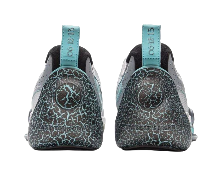 Heel view of gray blue basketball shoes with teal pull tabs and textured navy panels