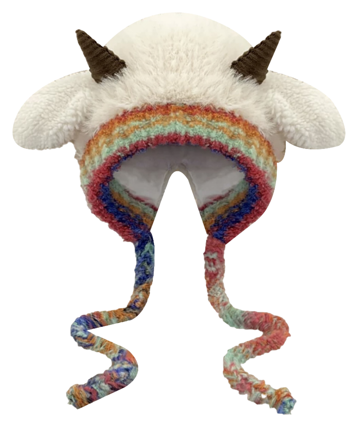 [Little Sheep Horn] IOTS will squeak when pinching the ears! Warm autumn and winter, soft and cute rainbow, dopamine cooling and windproof drawstring, double-layer cute and warm cartoon, niche polyester fiber woolen hat, unisex, couple style  vjsneaker.com