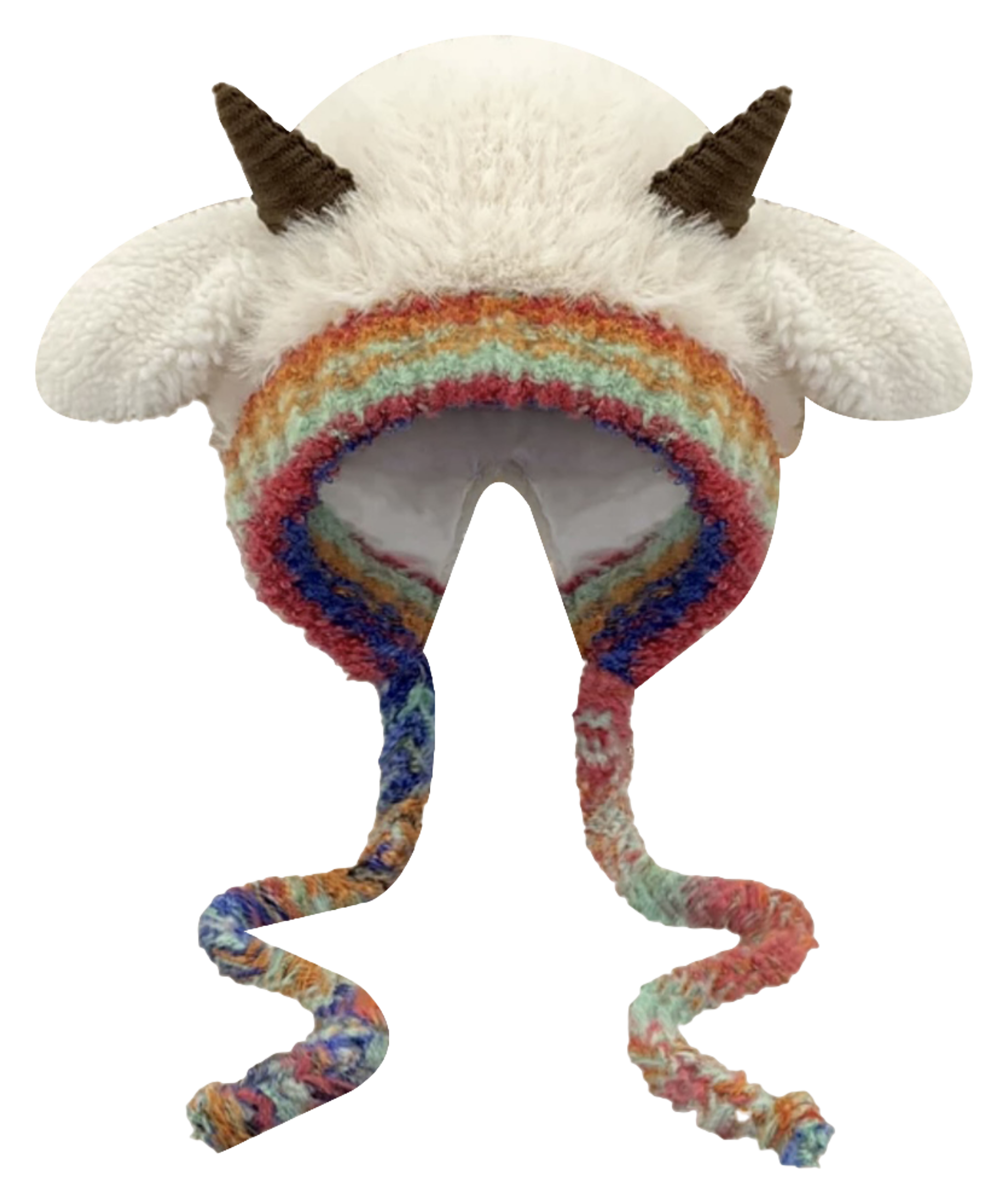 [Little Sheep Horn] IOTS will squeak when pinching the ears! Warm autumn and winter, soft and cute rainbow, dopamine cooling and windproof drawstring, double-layer cute and warm cartoon, niche polyester fiber woolen hat, unisex, couple style  vjsneaker.com