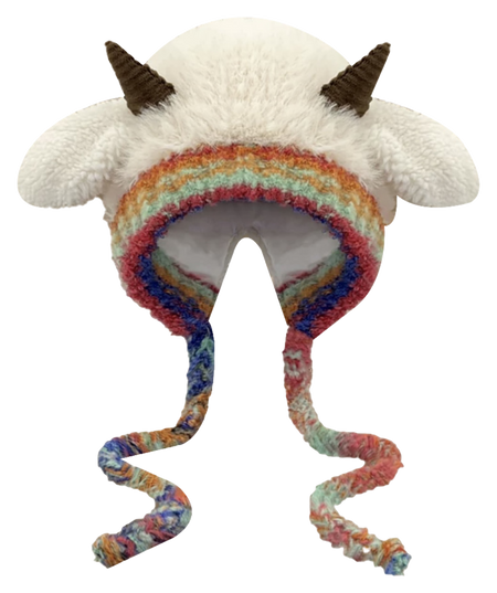 [Little Sheep Horn] IOTS will squeak when pinching the ears! Warm autumn and winter, soft and cute rainbow, dopamine cooling and windproof drawstring, double-layer cute and warm cartoon, niche polyester fiber woolen hat, unisex, couple style  vjsneaker.com